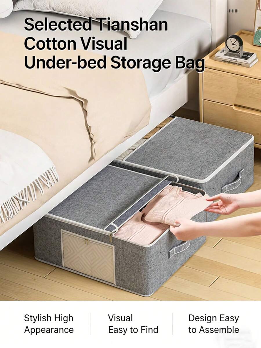 1pc Thick Foldable Storage Bag, Large Capacity Underbed Storage Bag, Utilize Wardrobe Space, Seasonal Clothes Storage Bag, Transparent Window For Easy Viewing, Waterproof & Dustproof Reinforced Handle, Suitable For Home & Dorm Organization - Beige - View 1