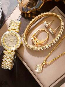 6pcs Set Elegant Crystal Wrist Watch, Stainless Steel Fashion Minimalist Luxury Full Crystal Quartz Watch - Gold - View 2