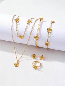7pcs/Set Elegant Minimalist Gold Flower Necklace, Bracelet, Earrings, Ring, Bangle Jewelry Set, Versatile Daily Wear, Delicate Gift For Elders - Golden Yellow Suit - View 4