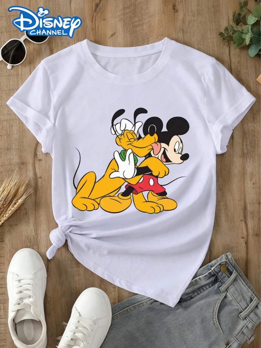 This Disney Women's T-Shirt Features A Mickey And Pluto Friendship Theme, Interactive Hugging Elements, And A Casual, Versatile Style. Ideal For Vacations And Disneyland Visits. Made From Soft, Comfortable, And Durable Fabric, This Spring/Summer Women's Crew Neck T-Shirt Is Perfect For Everyday Wear-Shopping, Parties, Travel, Or Gatherings. It Also Makes A Thoughtful Gift. - 白色 - 查看 1