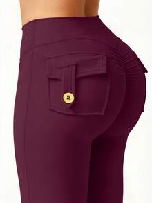 6pecil Quần ống loe nữ ngoài trời có túi, quần legging thể thao ôm sát nâng mông dành cho nữ, màu tím đỏ trung bình, mùa xuân. - Màu tím - Xem 6