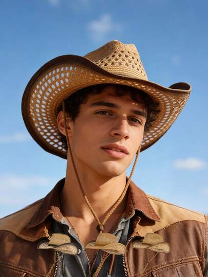 1pc Men's Western Cowboy Style Hollow Straw Hat, Outdoor Sun-Shading Woven Hat, Women's Outdoor Sun Protection Hat, Suitable For Daily Vacation Bohemian