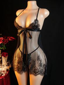 性感内衣套装，吊带开衩连衣裙套装配丁字裤 - 黑色 - 查看 3