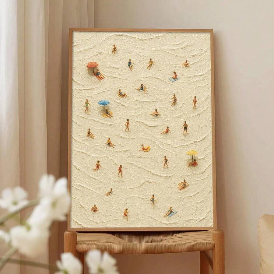 1 pieza Póster de lienzo con vista aérea de gente pequeña en la playa, enmarcado/sin enmarcar, arte de pared de nadadores de verano en la , decoración minimalista de casa de playa para apartamento, sala de estar, dormitorio, decoración moderna del hogar - Póster - Ver 1