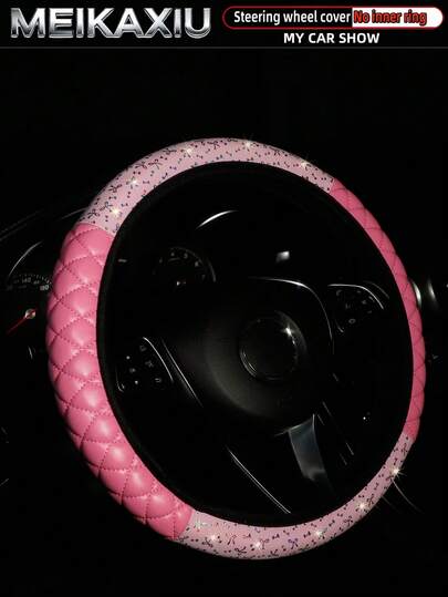 MEIKAXIU 1pc PU Leather 3D Embroidered Bowknot Bling Shiny Elastic Car Steering Wheel Cover, Women Car Accessories