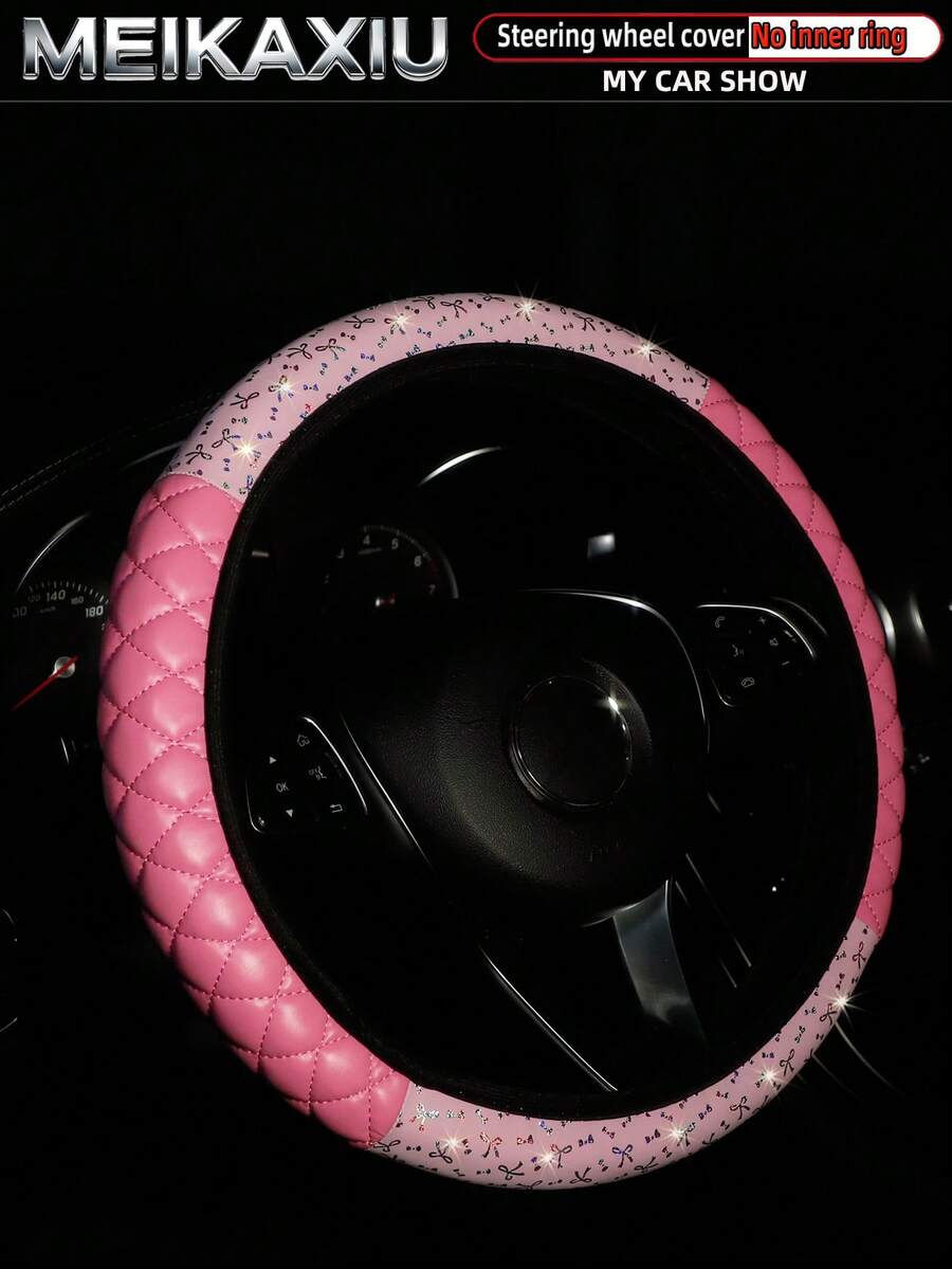MEIKAXIU 1pc PU Leather 3D Embroidered Bowknot Bling Shiny Elastic Car Steering Wheel Cover, Women Car Accessories - Hot Stamping PU Leather Color-blocked Version - View 1