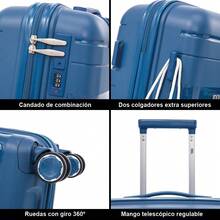Mala de cabine 55x38x22cm (44L) em polipropileno | Tamanho médio expansível: 65cm - 23kg (79L) | Tamanho grande expansível: 75cm - 25kg (117L) | Rodas giratórias e trava embutida | Robusta | Durável | Com alça telescópica | Ideal para viagens de negócios e férias | Unissex - Amarelo/Branco/Bordô/Azul-marinho/Preto/Ouro rosa/Turquesa - Azul marinho - Ver 5