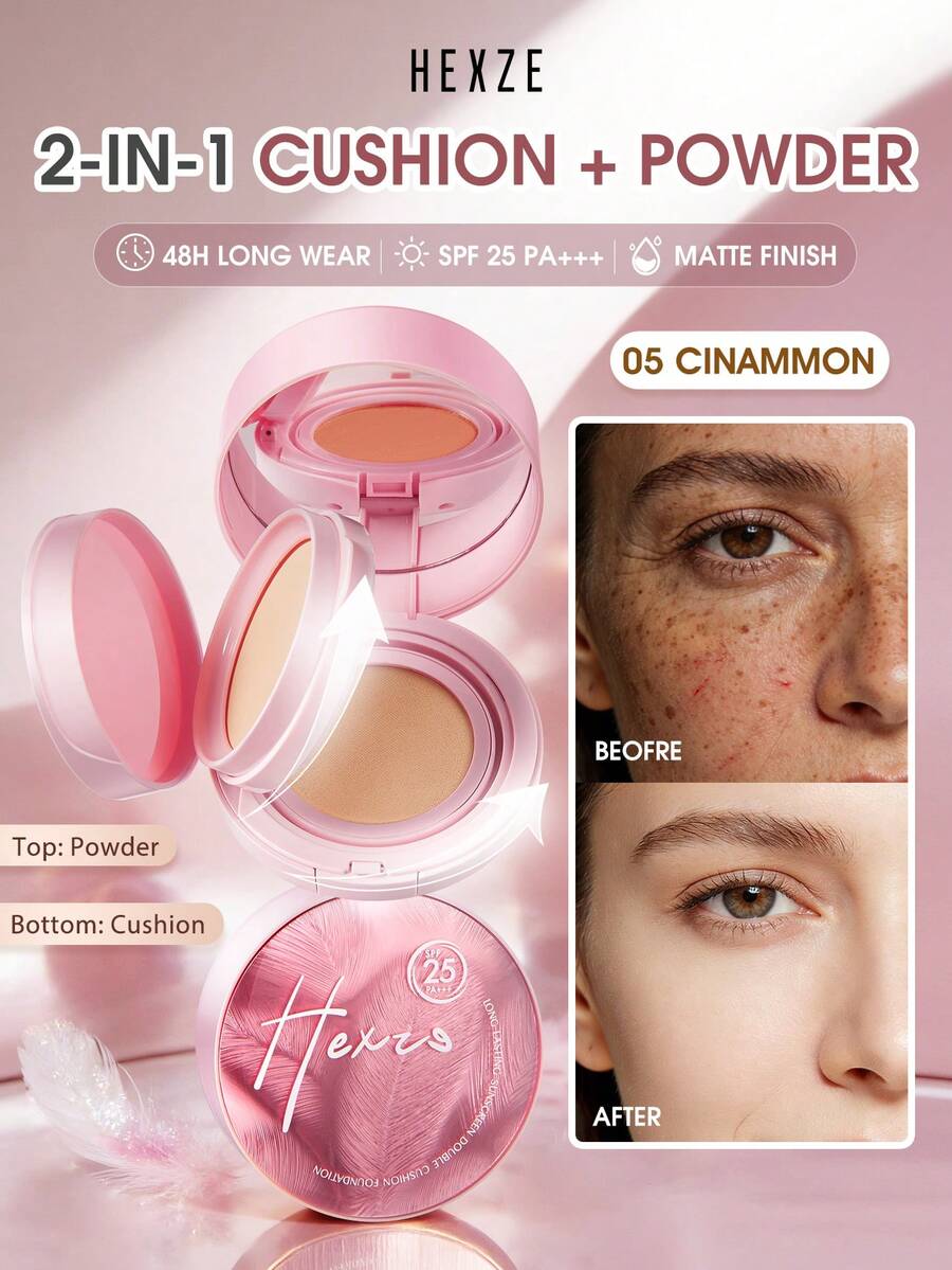 HEXZE 二合一气垫粉底液 SPF25，持久哑光妆效，轻盈透气，高遮瑕，柔滑妆感，防水，05 肉桂色 - 05 肉桂 - 查看 1