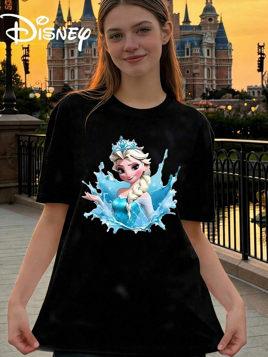 Women's Disney Frozen Elsa Black Cotton Casual Short Sleeve Round Neck T-Shirt - 黑色 - 查看 1