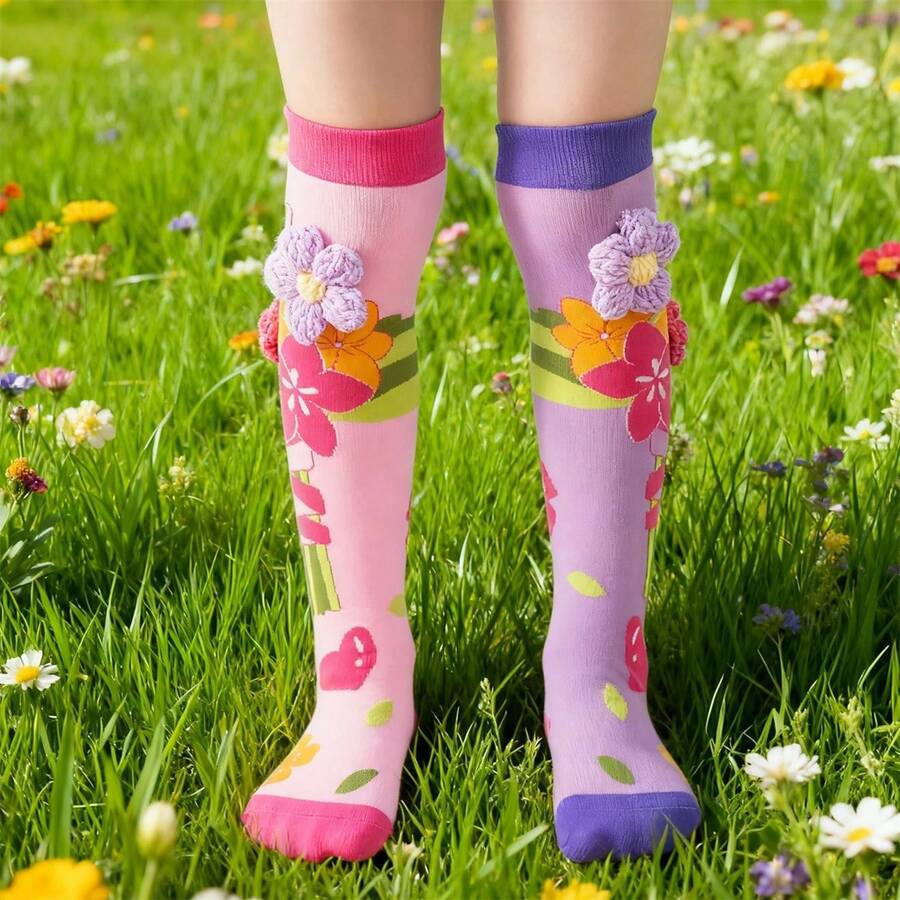 Girls Thigh High Socks Adorable Cartoon Animal Flower Pattern Stockings Stylish Comfortable Knee High Socks For Daily Wear - Pink - View 1