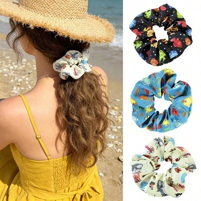 3pcs Ocean Animal Series Large Hair Ties With Shark, Octopus, And Tropical Fish Patterns, High Elasticity Hair Bands Hair Accessories