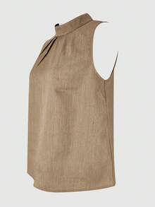ZY Clothing Sleeveless Stand Collar Faux Linen Casual Blouse, Suitable For Office And Daily Wear In Summer - Khaki - View 3