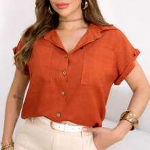 Linen And Cotton Shirt With Two Pocket Detail. - Terracotta - View 2