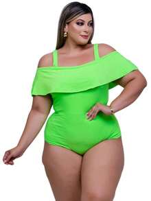 kit 2 Body Plus Size Feminino Curve Babado Sensual Casual Praia Piscina Canaval Ciganinha Rosa e Verde Veste 48 a 50 - Rosa chiclete - Visão 2