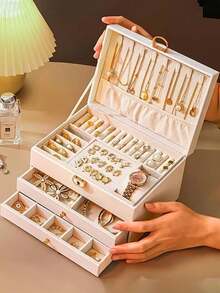 3-Layer High Capacity Locked Jewelry Box, Luxury Multi-Function Storage Container, Drawer Style Jewelry Organizer, Suitable For Storing Earrings, Rings, Watches, Necklaces, Bracelets, Holiday Gift - Multicolor - View 2