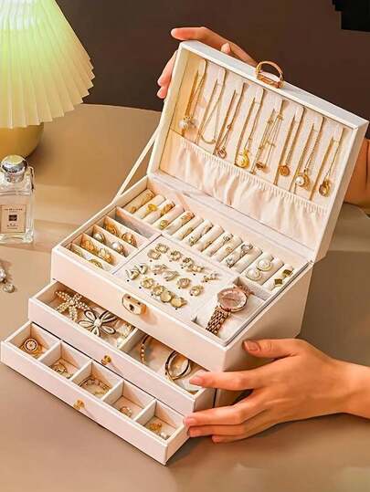 3-Layer High Capacity Locked Jewelry Box, Luxury Jewelry Storage Box, Multi-Function Jewelry Organizer, Drawer Style Jewelry Container For Earrings, Rings, Watches, Necklaces, Bracelets, Holiday Gift