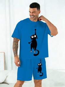 Plus Size Men's Pajama Set | Round Neck Short Sleeve Top And Elastic Waist Casual Shorts 2 Pieces Set | Polyester Knit Fabric Soft And Breathable Loose Fit | Cute Climbing Cat Pattern Print Casual Design - Royal Blue - View 4