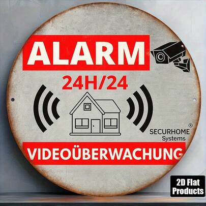 1块2D平面圆形法式铁艺标牌，尺寸8*8英寸，复古装饰牌，内容为“报警监控”和“家庭安全”，适用于装饰客厅、办公室、商店、酒吧、餐厅、车库。语言：德语，预钻孔，款式如图所示。