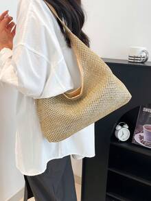 夏季女士编织手提包，时尚单肩手提包，适合通勤、海滩旅行，草编包 - 卡其色 - 查看 6