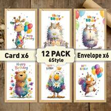 FFXK 12pcs Cute Animal Watercolor Birthday Greeting Cards Set, Suitable For Gifting To Husband, Friends, Sisters, Lovers, Male/Female Colleagues, DIY Gift Set With Adorable Patterns - View 6