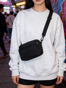 Bolso de cintura de lona de unicolor, estilo minimalista casual, bolso cruzado versátil para correr y deportes, bolso de pecho multifuncional de moda para mujer con bolsillo para teléfono - Negro - Ver 8