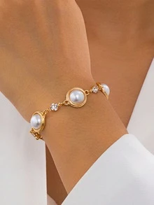 1pc Retro Fashionable New Sparkling Elegant White Faux Pearl Geometric Round Women Bracelet - White - View 1