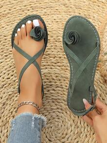 2026 New Floral Decor Flip Flops For Women, Ankle Strap Flat Beach Sandals - Olive Green - View 7