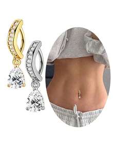 1pc Copper Zirconia Water Drop Navel Piercing Jewelry, Stainless Steel Smooth Belly Button Ring, Suitable For Men And Women - 1.6*10mm - View 1