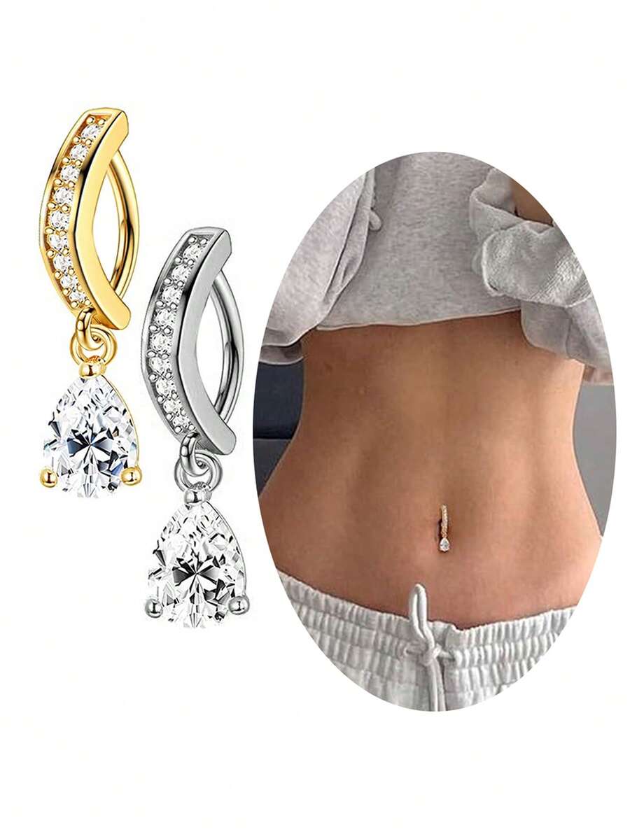 1pc Copper Zirconia Water Drop Navel Piercing Jewelry, Stainless Steel Smooth Belly Button Ring, Suitable For Men And Women - 1.6*10mm - View 1