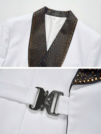 奢华男士礼服西装外套，翻领和袖口饰有水钻，修身剪裁，适合派对、舞会等场合，经典披肩领双排扣设计，是婚礼、商务晚宴或正式活动的完美着装套装。