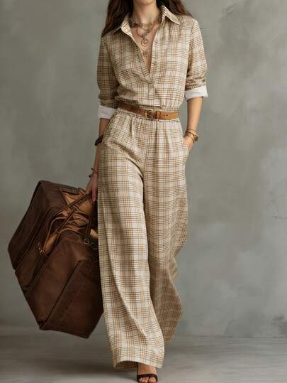 (No Belt Included) Women's Spring/Summer Plaid Suit, Minimalist Retro Style, Lapel Long Sleeve Shirt + Wide Leg Pants, Slimming, Suitable For Daily, Work, Date, Vacation