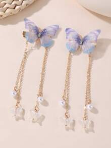 2个装女士时尚优雅蓝色珍珠流苏蝴蝶发夹，适合日常、节日、派对等场合 - 彩色 - 查看 6