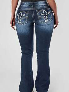 Women's Plus Size High-Waisted Slim-Fit Flared Jeans  Ombre    Zipper  Pocket  Button    Daily  Vacation  School  Holiday  Office  Home    Autumn And Winter  Deep Blue Vintage Wash  Slimming And Butt-Lifting  Retro  Solid Color With Zipper Pocket - 深色水洗藍 - 查看 7
