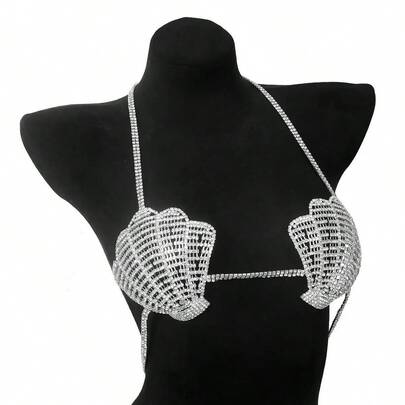 1 pieza Cadena corporal de moda, Collar multicapa, Cadena para el pecho, Lencería sexy, Decoración de cadena para bikini, Parte superior de camisola de cuello halter Conjunto Y2K sexy, de moda, de alta gama, Cadena para el pecho con diamantes, Cadena superior, Vestido de novia, Joyería para fiesta de discoteca