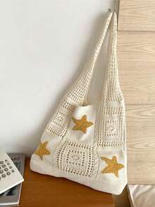 Large Capacity One Shoulder Beach Bag, Starfish Hollow Woven Pattern, Casual Tote Bag For Beach Holiday - A - View 6