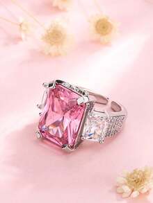 Elegant 4-Prong Pink Synthetic Cubic Zirconia Geometric Adjustable Ring, Jewelry Gift For Women - Pink - View 3