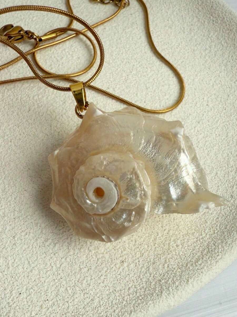 1件不锈钢链天然贝壳吊坠项链，简约优雅女士夏季海滩度假首饰，时尚独特配饰