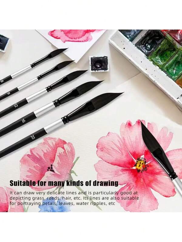 6pcs Professional Angled Paintbrushes, Suitable For Japanese Rat-Tail Handle - Synthetic Bristles With Rat-Tail Grip Handle, Ideal For Watercolor, Dry Brushing, Calligraphy - Perfect For Artists, Hobbyists And Calligraphers