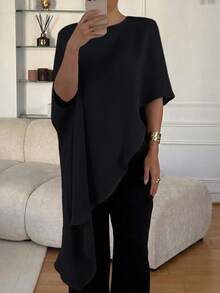Satin Asymmetric Hem Puff Sleeve Elegant Blouse, Suitable For Party, Date, Formal, Vacation Wear, Black Summer - Black - View 4