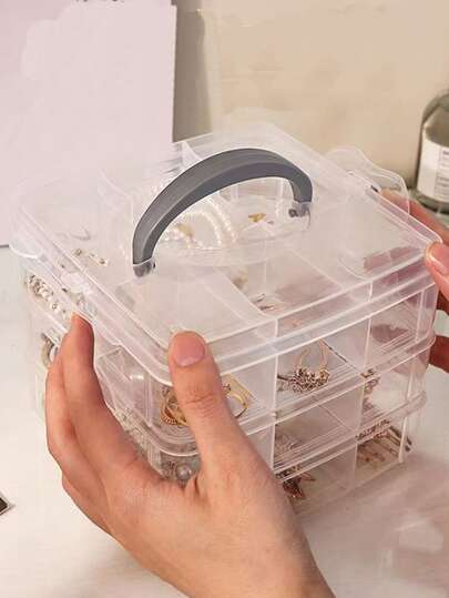 1pc 3-Layer Transparent Plastic Storage Box, Jewelry Box, Trinket Box, Storage Cabinet, Storage Container, White, Easter Elements, Suitable For Cosmetics, Jewelry, Toys, Socks Etc., With Handle Multi-Compartment Components Box For Electronic Parts, Screws, Accessories, Tools, Sorting Grid, Dust-Proof, Large Capacity For Hair Accessories, Earrings, Necklaces, Beads, Craft Supplies, Valentine's Day Gift, Christmas Gift, Back To School Gift