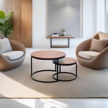 Juego de 2 Mesas Auxiliares Redondas para Sala, Estilo Industrial Minimalista, Madera y Acero, Fácil Montaje, Ideal como Mesa de Centro y Café - por defecto - Ver 9