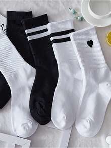 5 Pairs Striped & Heart Print Sports Over-The-Knee Socks, Autumn - Multicolor - View 1