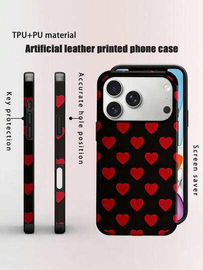 Heart Pattern Printed Festive Phone Case, Shockproof, Dustproof, Colorful Printed Pattern And Leather Adhesive Craft, Speaker Hole With Sound Amplifier Design, Suitable For IPhone 17/16/15/14/13/12/11, Galaxy S22/23/24, Happy Holidays Heart Pattern Super Fiber PU