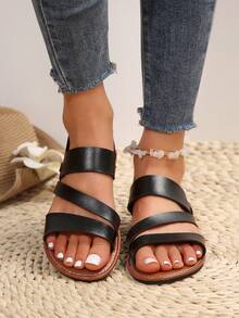 男女通用青少年平底凉鞋，罗马风夏季新款弹力带套脚休闲鞋，百搭沙滩度假凉鞋 - 黑色 - 查看 5