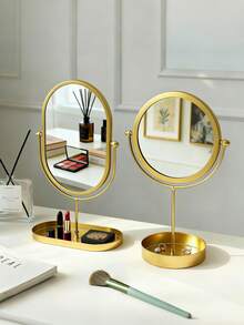1PC Exquisite Nordic Light Luxury Style Desktop Vanity Mirror, Oval, Round Optional, Creative Metal Frame, Bottom With Storage Tray, Can Place Lipstick, Cosmetics, Jewelry, Jewelry, Perfume, Makeup Brush, Aromatherapy Products, Etc. - Multicolor - View 1
