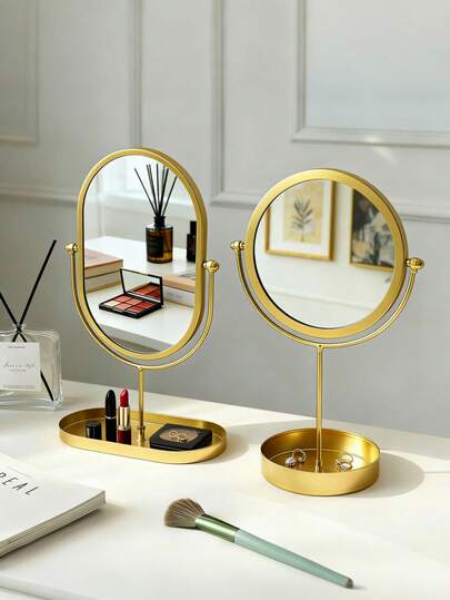 1PC 精致北欧轻奢风格桌面梳妆镜，椭圆形、圆形可选，创意金属框架，底部带储物托盘，可放置口红、化妆品、珠宝、香水、化妆刷、香薰产品等。