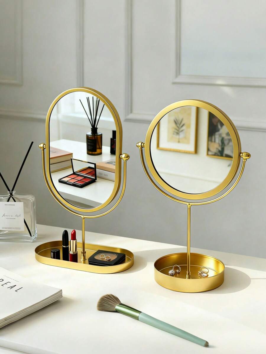 1PC Exquisite Nordic Light Luxury Style Desktop Vanity Mirror, Oval, Round Optional, Creative Metal Frame, Bottom With Storage Tray, Can Place Lipstick, Cosmetics, Jewelry, Jewelry, Perfume, Makeup Brush, Aromatherapy Products, Etc. - Multicolor - View 1