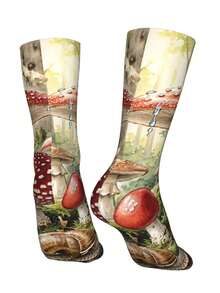 Cross Stitch Mushroom Snail Forest Pattern Novelty Crew Socks - White - View 5