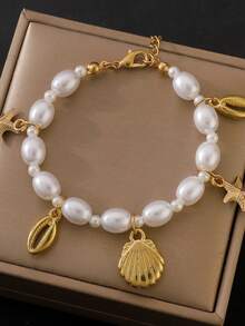 不对称珍珠手链，夏季海滩海洋系列海星贝壳手链（女士款） - 彩色 - 查看 10