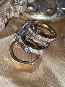 Set de 4 anillos de acero inoxidable chapado en oro de 18K, adecuados para uso diario de mujeres, anillo de acero inoxidable personalizado de estilo hip hop, combinación de anillos personalizados DIY - Estilo de color mixto dos - Ver 3